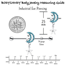 Load image into Gallery viewer, 14G Blue CZ Gem Moon Dangle Star Industrial Barbell 38mm