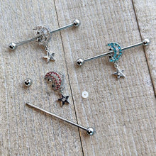 Load image into Gallery viewer, 14G Blue CZ Gem Moon Dangle Star Industrial Barbell 38mm