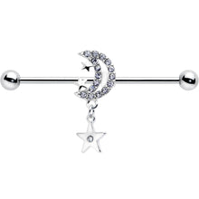 将图片加载到图库查看器,14G Clear CZ Gem Moon Dangle Star Industrial Barbell 38mm