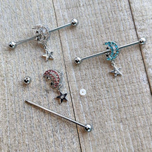 将图片加载到图库查看器,14G Clear CZ Gem Moon Dangle Star Industrial Barbell 38mm