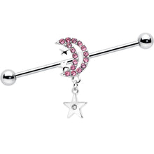 Load image into Gallery viewer, 14G Pink CZ Gem Moon Dangle Star Industrial Barbell 38mm