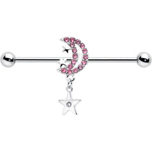 Load image into Gallery viewer, 14G Pink CZ Gem Moon Dangle Star Industrial Barbell 38mm