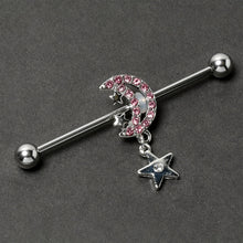 Load image into Gallery viewer, 14G Pink CZ Gem Moon Dangle Star Industrial Barbell 38mm