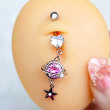 Load image into Gallery viewer, Clear Pink Heart Saturn Star Dangle Belly Ring