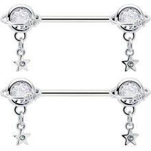 Load image into Gallery viewer, 14G 9/16 Clear CZ Gem Starry Saturn Dangle Nipple Ring Set