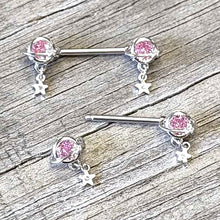 Load image into Gallery viewer, 14G 9/16 Pink CZ Gem Starry Saturn Dangle Nipple Ring Set