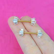 Load image into Gallery viewer, 14G 9/16 Clear CZ Gem Gold Tone Regal Rectangles Nipple Ring Set