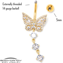 将图片加载到图库查看器,Clear CZ Gem Gold Tone Dramatic Butterfly Dangle Belly Ring