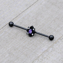 Load image into Gallery viewer, 14G Purple Gem Black Scrolling Hearts Industrial Barbell 38mm