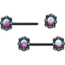 Load image into Gallery viewer, 14G 9/16 Aurora Gem Black Filigree Fantasy Barbell Nipple Ring Set