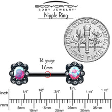Load image into Gallery viewer, 14G 9/16 Aurora Gem Black Filigree Fantasy Barbell Nipple Ring Set