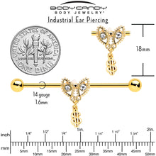 将图片加载到图库查看器,14G Clear Gem Gold Hue Seeing Money Dangle Industrial Barbell 38mm