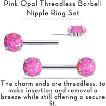 Load image into Gallery viewer, 14G 1/2 Pink Synthetic Opal Threadless Barbell Nipple Ring Set