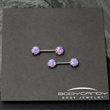 Load image into Gallery viewer, 14G 1/2 Purple Synthetic Opal Threadless Barbell Nipple Ring Set