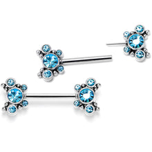 Load image into Gallery viewer, 14G 9/16 Blue CZ Gem Circles Threadless Barbell Nipple Ring Set