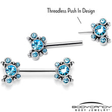 Load image into Gallery viewer, 14G 9/16 Blue CZ Gem Circles Threadless Barbell Nipple Ring Set