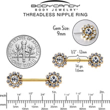 Load image into Gallery viewer, 14G 9/16 Clear CZ Gem Gold Tone Flower Threadless Nipple Ring Set
