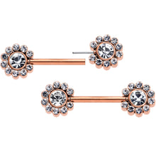 Load image into Gallery viewer, 14G 9/16 Clear CZ Gem Rosy Tone Flower Threadless Nipple Ring Set