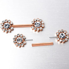 Load image into Gallery viewer, 14G 9/16 Clear CZ Gem Rosy Tone Flower Threadless Nipple Ring Set