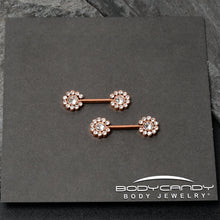 Load image into Gallery viewer, 14G 9/16 Clear CZ Gem Rosy Tone Flower Threadless Nipple Ring Set
