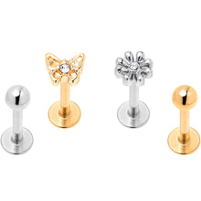 Load image into Gallery viewer, 16G 5/16 Clear Gem Gold Tone Flower Butterfly Labret Set of 4