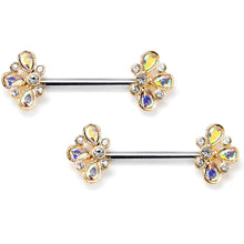 Load image into Gallery viewer, 14G 9/16 Aurora Gem Golden Crown Deluxe Barbell Nipple Ring Set