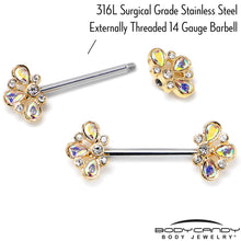 Load image into Gallery viewer, 14G 9/16 Aurora Gem Golden Crown Deluxe Barbell Nipple Ring Set