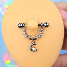 Load image into Gallery viewer, 14G 9/16 Clear Gem Crescent Moon Stars Dangle Nipple Ring Set