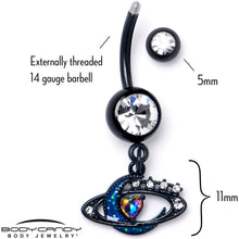 Load image into Gallery viewer, Aurora Clear Gem Black Saturn Space Moon Dangle Belly Ring