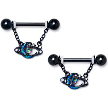 将图片加载到图库查看器,14G 9/16 Aurora Gem Black Saturn Space Moon Dangle Nipple Ring Set