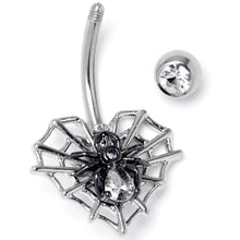 Load image into Gallery viewer, Clear CZ Gem Web Heart Black Spider Belly Ring