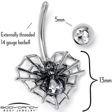 Load image into Gallery viewer, Clear CZ Gem Web Heart Black Spider Belly Ring