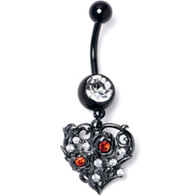 将图片加载到图库查看器,Clear Red CZ Gem Black Heart Floral Dangle Belly Ring