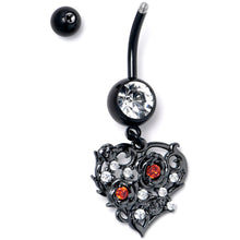 将图片加载到图库查看器,Clear Red CZ Gem Black Heart Floral Dangle Belly Ring