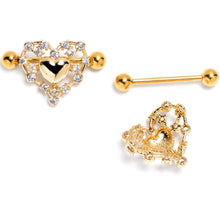 Load image into Gallery viewer, 14G 9/16 Clear CZ Gem Gold Tone Heart Duo Nipple Shield Set
