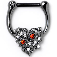 Load image into Gallery viewer, 16G 5/16 Red Clear CZ Black Floral Heart Cartilage Clicker