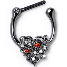 Load image into Gallery viewer, 16G 5/16 Red Clear CZ Black Floral Heart Cartilage Clicker