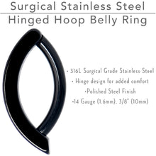 Load image into Gallery viewer, 14G 3/8 Black 316L Surgical Steel Smooth Style Hinged Hoop Belly Ring