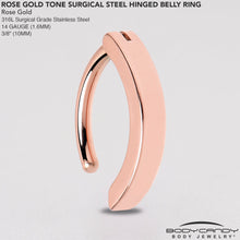 Load image into Gallery viewer, 14G 3/8 Rose Gold Tone 316L Surgical Steel Smooth Style Hinged Hoop Belly Ring