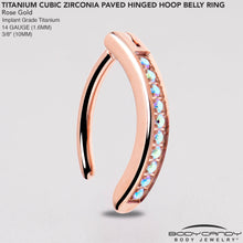 Load image into Gallery viewer, 14G 3/8 Rose Implant Grade Titanium CZ Paved Hinged Hoop Belly Ring