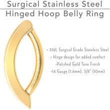 Load image into Gallery viewer, 14G 3/8 Gold Tone CZ ASTM F-136 Implant Grade Titanium Hinged Hoop Belly Ring