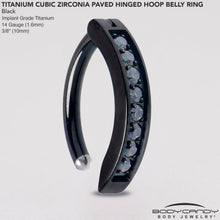 Load image into Gallery viewer, 14G 3/8 Black Implant Grade Titanium CZ Paved Hinged Hoop Belly Ring