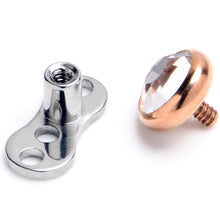 Load image into Gallery viewer, 16G 4mm Gem Bezel Rose Gold Top 3 Hole Dermal Implant Grade Titanium Anchor Base