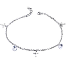 Load image into Gallery viewer, Clear CZ Gem Cross Dangle Steel Ankle Bracelet