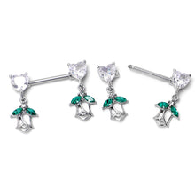 Load image into Gallery viewer, 14G 9/16 Clear CZ Gem Hearts And Roses Dangle Nipple Ring Set