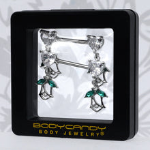 Load image into Gallery viewer, 14G 9/16 Clear CZ Gem Hearts And Roses Dangle Nipple Ring Set