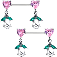 Load image into Gallery viewer, 14G 9/16 Pink CZ Gem Hearts And Roses Dangle Nipple Ring Set