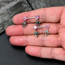 Load image into Gallery viewer, 14G 9/16 Pink CZ Gem Hearts And Roses Dangle Nipple Ring Set