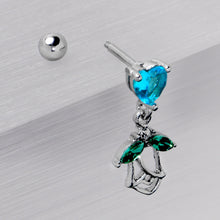 Load image into Gallery viewer, 16G 1/4 Blue CZ Gem Heart And Rose Dangle Cartilage Earring