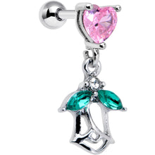 Load image into Gallery viewer, 16G 1/4 Pink CZ Gem Heart And Rose Dangle Cartilage Earring